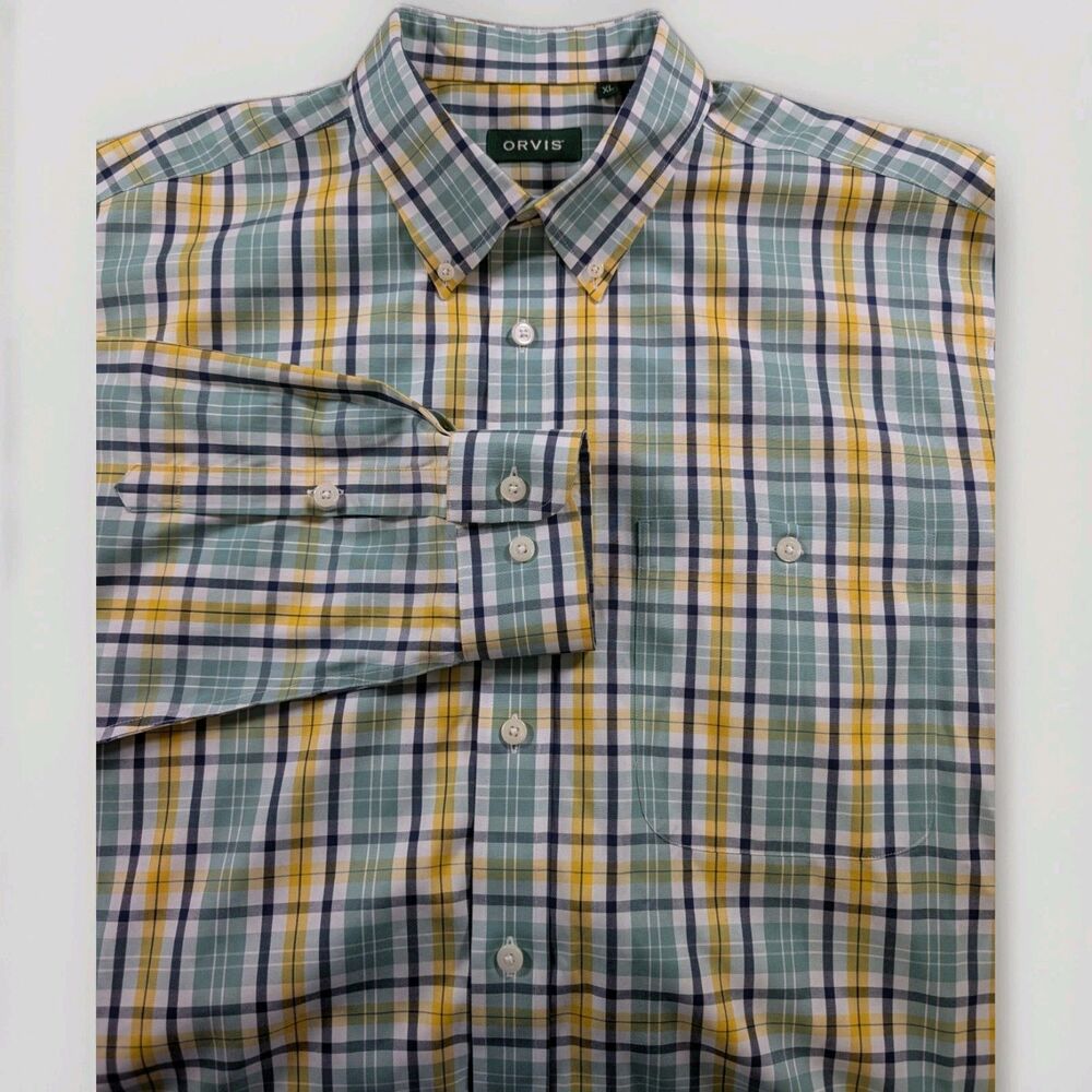 Orvis Shirt Mens XL Plaid Button Down Green Yellow Preppy Casual Pocket Long
